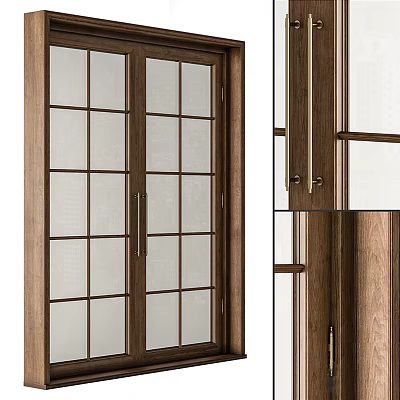 Stylish Wooden Double Doors With Glass Panels And Metal Handles Design 3d model