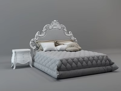 Elegant Double Bed With Carved White Headboard Gray Quilted Bedspread And White Nightstand 3d model