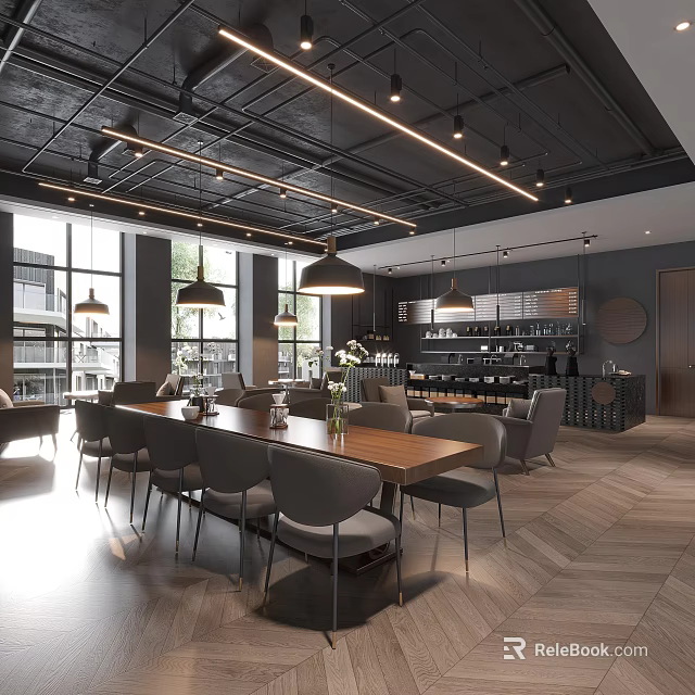 Modern Café Interior Design With Wooden Dining Tables Grey Chairs And Pendant Lights 3d model 
