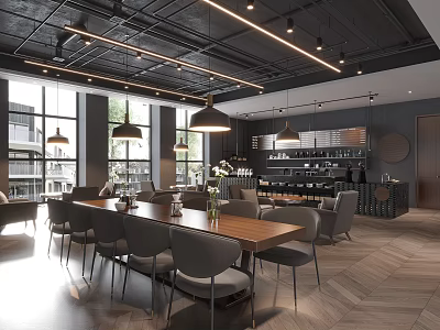 Modern Café Interior Design With Wooden Dining Tables Grey Chairs And Pendant Lights 3d model
