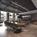 Modern Café Interior Design With Wooden Dining Tables Grey Chairs And Pendant Lights