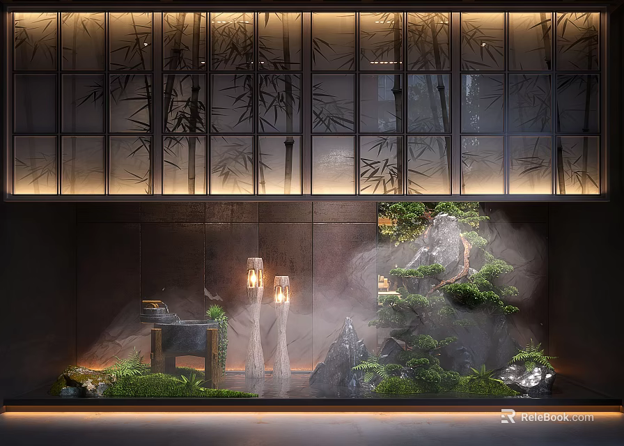 Indoor Landscape Design Featuring Bamboo Trees Rockery Green Plants Misty Water And Warm Lighting 3d model 