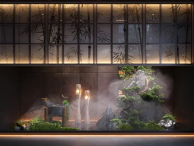 Indoor Landscape Design Featuring Bamboo Trees Rockery Green Plants Misty Water And Warm Lighting 3d model