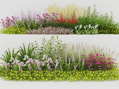 Colorful Mixed Plant Combination With Pink Purple White Flowers And Green Grasses 3d model