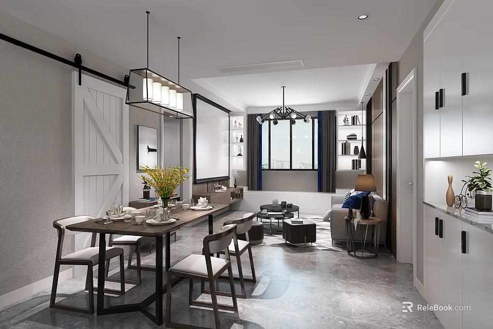 Modern Interior Design With Barn Door Dining Table Chairs Pendant Lights And Sofa 3d model 