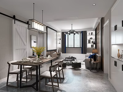 Modern Interior Design With Barn Door Dining Table Chairs Pendant Lights And Sofa 3d model