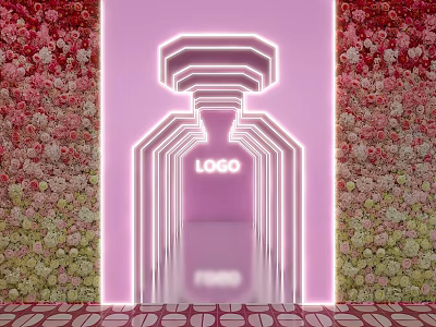 Pink Event Entrance With Neon LOGO Floral Decorated Walls And Patterned Floor 3d model
