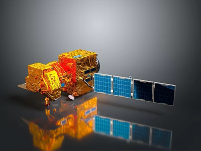 Advanced Satellite Equipment With Gold Red Structure And Blue Solar Panels 3d model