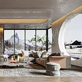 Elegant Modern Living Room With Large Windows Snowy Mountain View Sofa Rug Accent Wall Chandelier
