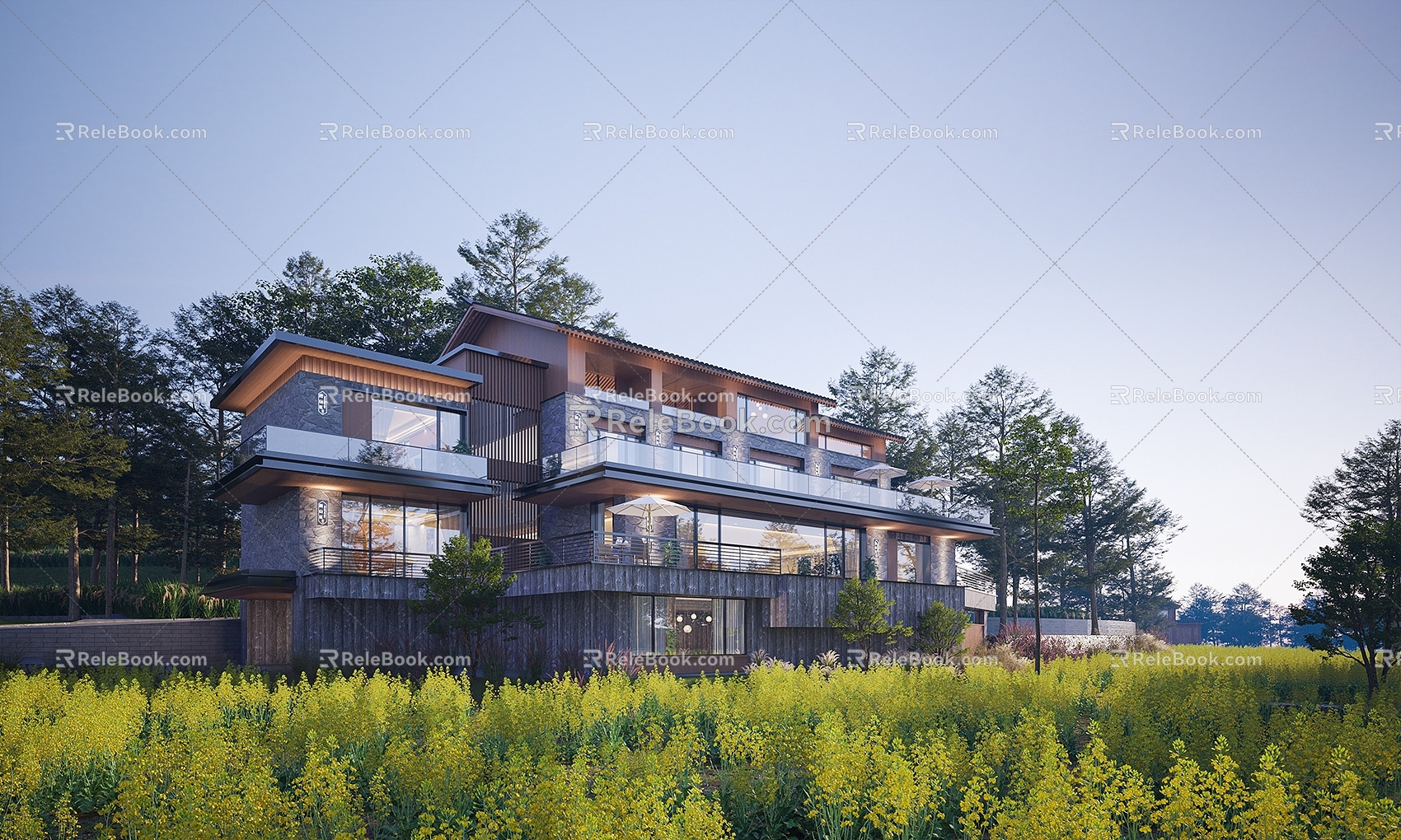 Homestay Villa Single-family Villa Resort Hotel Night View Club House Wooden House Stone House Rape Flower Field Field Villa Conifer 3d model