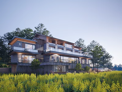 Modern Detached Villa With Wooden Stone Facade Large Windows Overlooking Yellow Flower Field 3d model