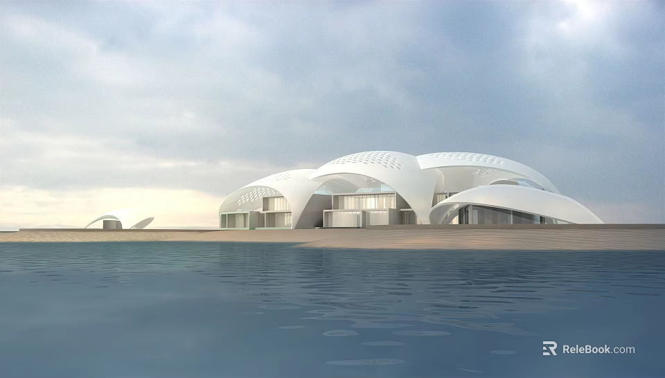 Modern White Dome Architecture Structure By Waterfront With Unique Design Elements 3d model