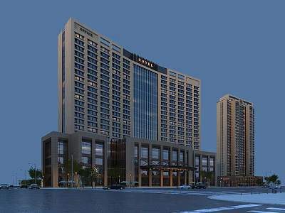 Modern High Rise Hotel Building With Glass Curtain Wall And Podium And Landscaped Parking Area 3d model