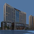 Modern High Rise Hotel Building With Glass Curtain Wall And Podium And Landscaped Parking Area