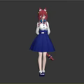 Game Anime Character With Pink Hair Cat Ears White Top Blue Skirt And Red Tail