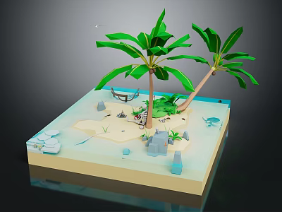 Cartoon Tropical Island Scene With Palm Trees Hammock Sand Water Rocks And Seashells 3d model