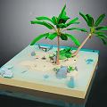 Cartoon Tropical Island Scene With Palm Trees Hammock Sand Water Rocks And Seashells