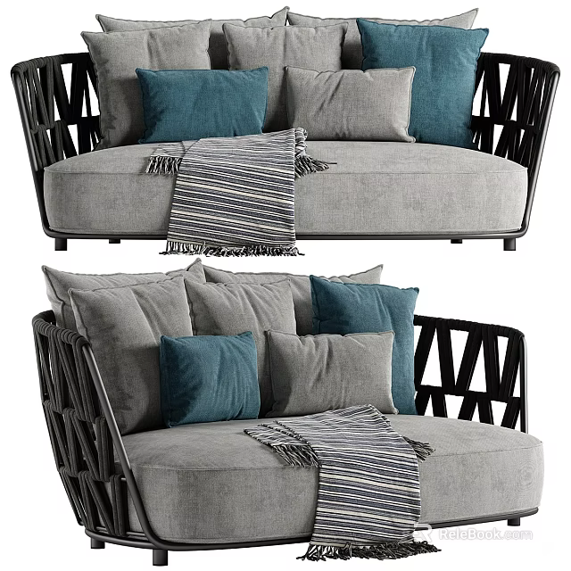 Stylish Outdoor Sofa With Gray Cushions Blue Pillows Striped Throw Blanket And Black Woven Frame 3d model 