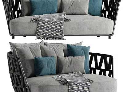 Stylish Outdoor Sofa With Gray Cushions Blue Pillows Striped Throw Blanket And Black Woven Frame 3d model