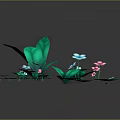 Colorful Plant Arrangement With Green Leaves Lily Pad Like Leaves Pink And Blue Small Flowers
