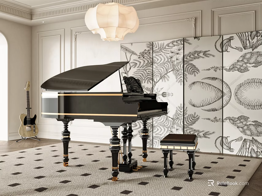 Elegant Piano Room With Grand Piano Decorative Screen And Guitar 3d model 