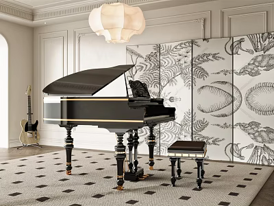 Elegant Piano Room With Grand Piano Decorative Screen And Guitar 3d model