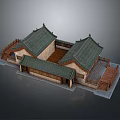 Traditional Chinese Clothing Display In Courtyard With Wooden Structure And Green Roofs