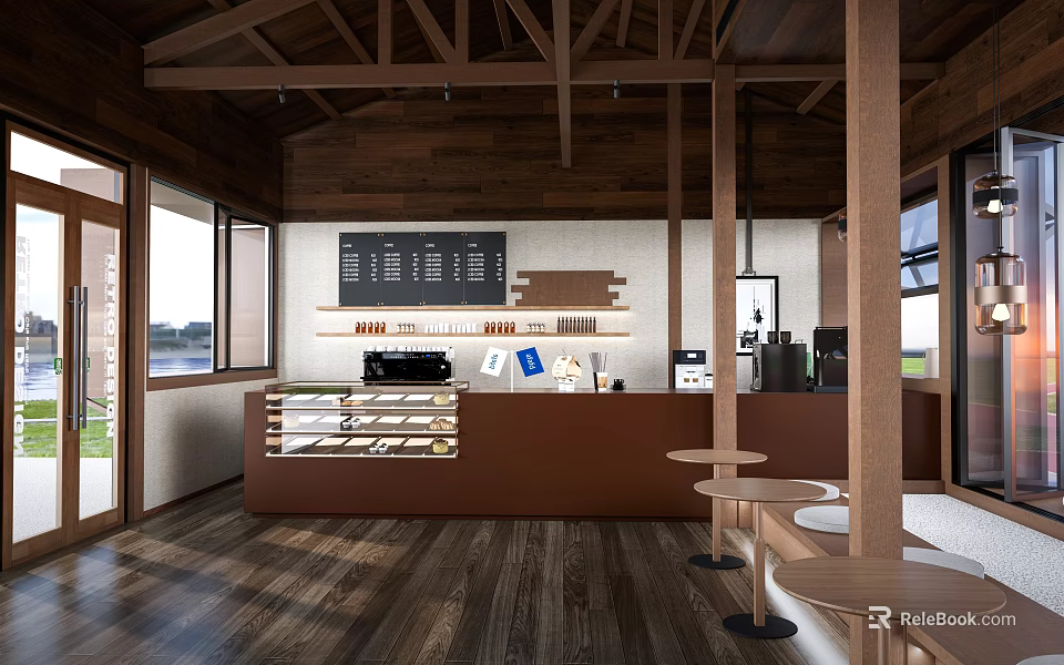 Warm Wooden Cafe Interior With Brown Counter Coffee Machine High Stools And Large Windows 3d model 