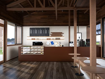 Warm Wooden Cafe Interior With Brown Counter Coffee Machine High Stools And Large Windows 3d model