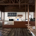 Warm Wooden Cafe Interior With Brown Counter Coffee Machine High Stools And Large Windows