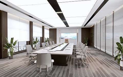 Conference table and chair combination in large conference room 3d model