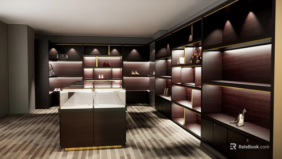 Elegant Luxury Retail Store Interior With Wooden Shelves Marble Counter And Lighting 3d model 