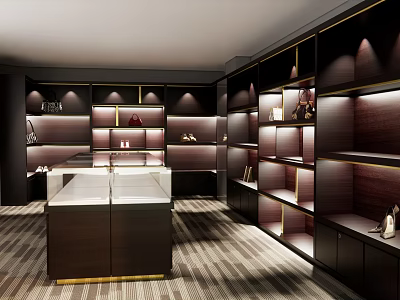 Elegant Luxury Retail Store Interior With Wooden Shelves Marble Counter And Lighting 3d model