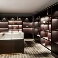 Elegant Luxury Retail Store Interior With Wooden Shelves Marble Counter And Lighting