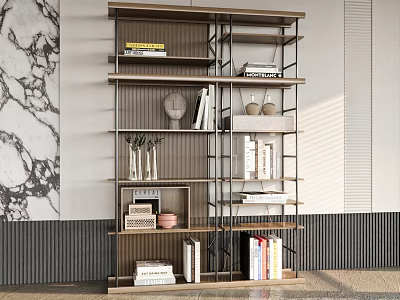 Modern Multi Tiered Wooden Shelving Unit With Metal Frame Books And Decorative Items 3d model