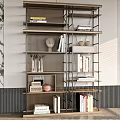 Modern Multi Tiered Wooden Shelving Unit With Metal Frame Books And Decorative Items