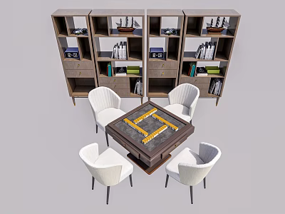 Entertainment Table Surrounded by White Chairs Against Bookshelves With Books And Decorations 3d model