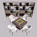 Entertainment Table Surrounded by White Chairs Against Bookshelves With Books And Decorations
