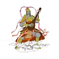 Armored Game Movie Character With Lute Flowing Ribbons On Cloud In Desert Blue Sky