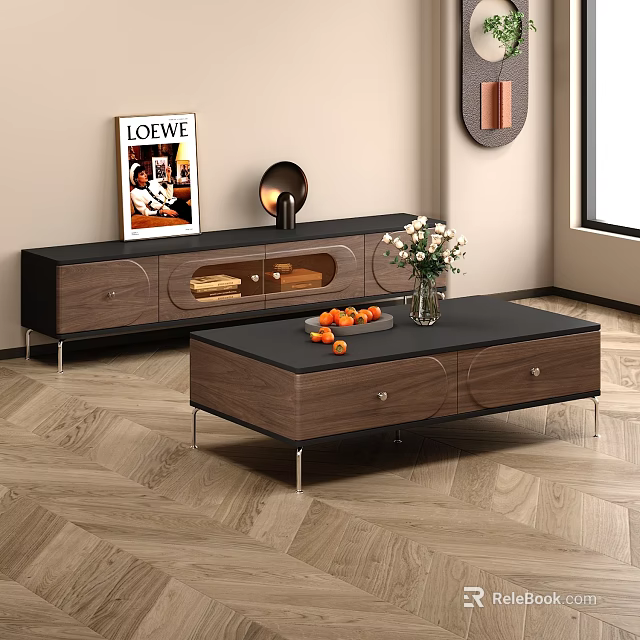 Modern Wooden TV Stand with Drawers Glass Doors Black Lamp LOEWE Poster and Wall Decor 3d model 