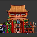 Cartoon Chinese Traditional Tower Scene With Red Roof Green Plants And Cartoon Figures