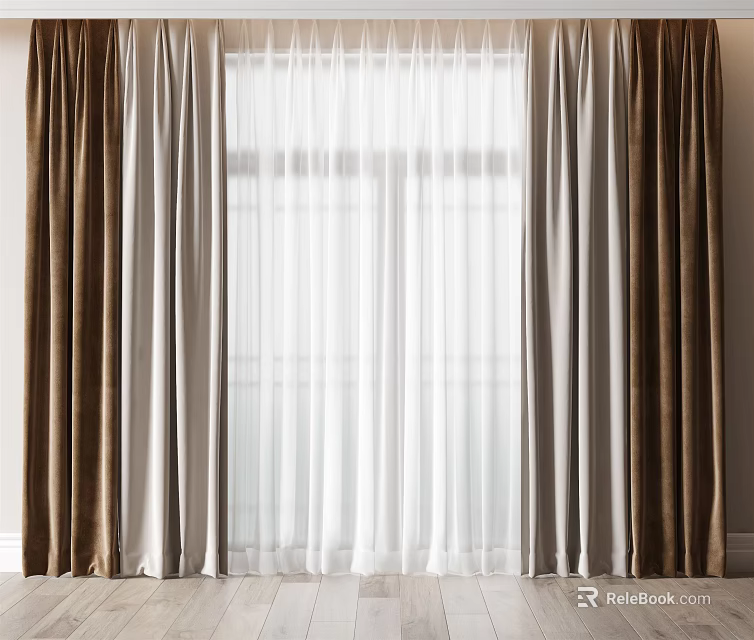 Layered Brown Gray White Curtains With Light Filtering Sheer For Interior Decoration 3d model