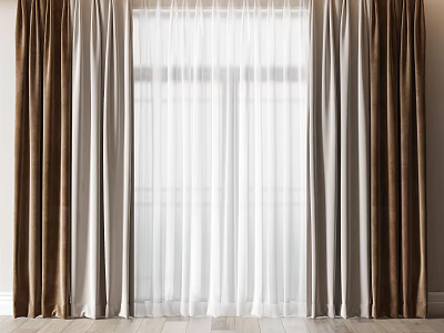 Layered Brown Gray White Curtains With Light Filtering Sheer For Interior Decoration 3d model