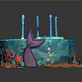 Ocean Themed Birthday Cake with Blue Frosting Four Candles Number 4 and Coral Starfish Decorations