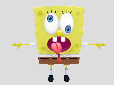 SpongeBob SquarePants Yellow Square Character With Big Eyes Open Mouth Sticking Tongue Arms Outstretched 3d model