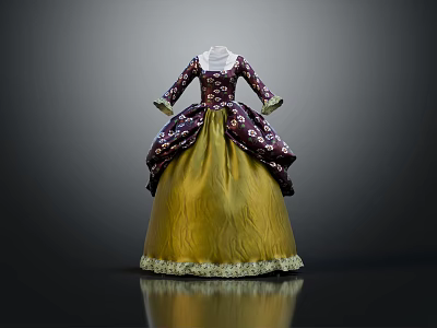 Vintage Historical Dress With Floral Pattern Dark Bodice And Yellow Full Skirt Lace Trim Hem 3d model
