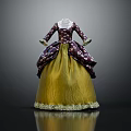 Vintage Historical Dress With Floral Pattern Dark Bodice And Yellow Full Skirt Lace Trim Hem