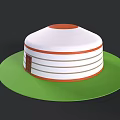 Dome Shaped Building Model With White Exterior Orange Stripes Red Door On Green Base