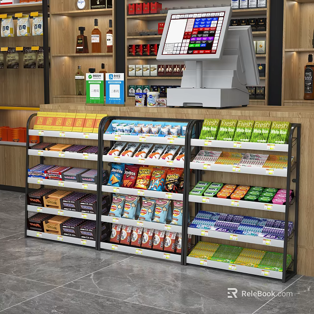 Organized Multi Tiered Retail Display Shelves With Assorted Snacks And Beverages 3d model 