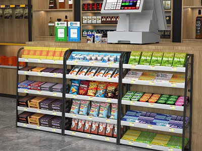 Organized Multi Tiered Retail Display Shelves With Assorted Snacks And Beverages 3d model